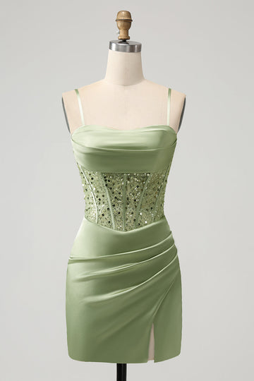 Glitter Sage Green Bodycon Sequin Corset Mini Dress with Slit